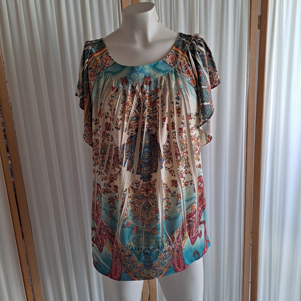 Cato capped sleeve fitted waist Multicolored floral pattern blouse, large - Picture 1 of 5